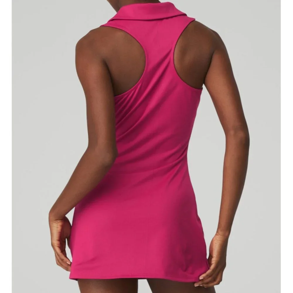 Alo Charmed Tennis Dress Magenta Crush Button-Up V-Neck Sleeveless Henley Mini L